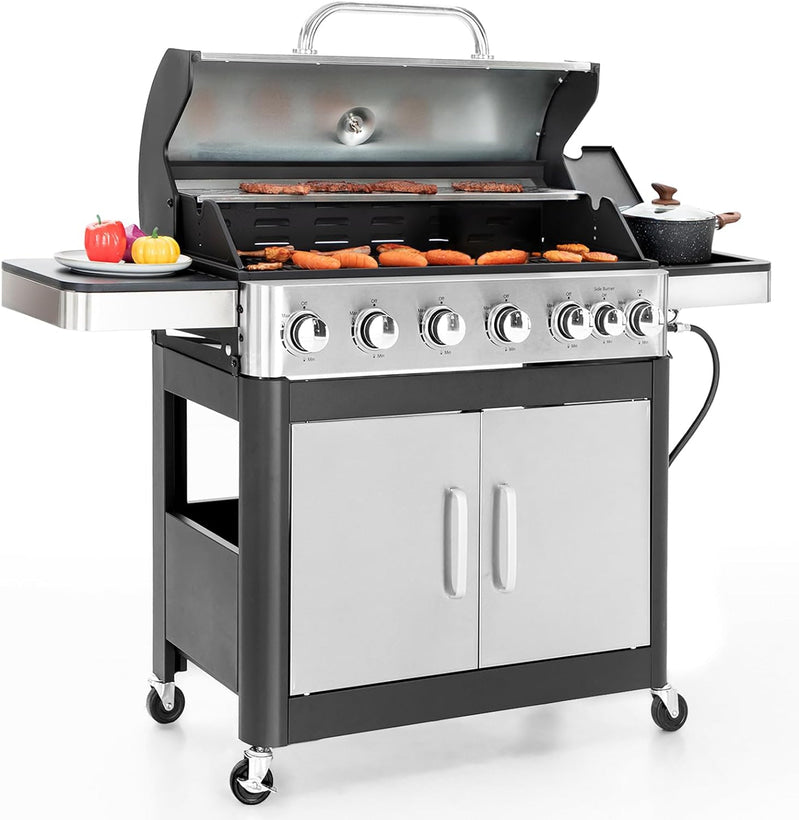 Burner Gas grill with side burner and enameled cast iron grille 42,000BTU outdoor cooking stainless steel propane grill Garden grill, silver
