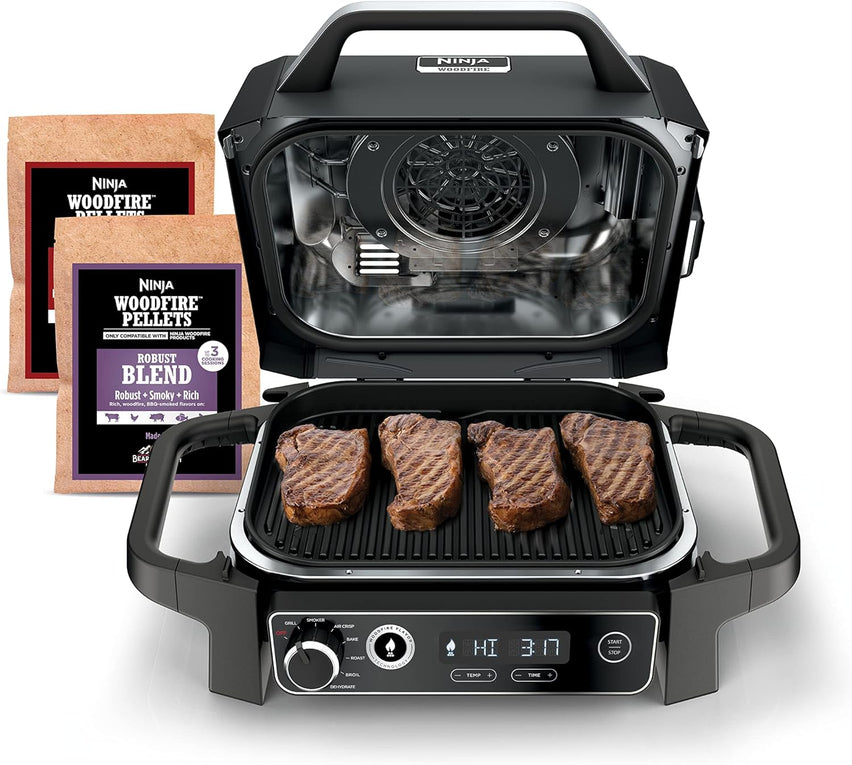 7-in-1 Grill & Smoker with Thermometer, Air Fryer, BBQ, Bake, Roast, Broil - Portable Electric Outdoor Grill, Grey