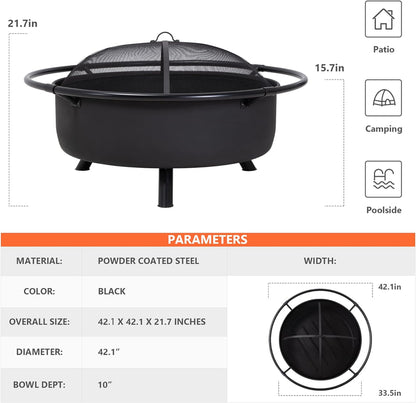 SUNCREAT 42” Patio Fire Pit Wood Burning with Mesh Spark Screen, Bonfire Outdoor firepit with Fireplace Poker, Black