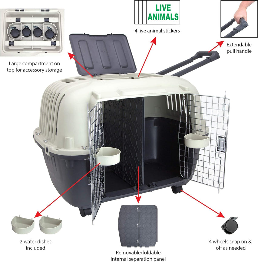 SportPet Designs Plastic Kennels Rolling Plastic Airline Approved Wire Door Travel Dog Crate, XXX-Large, Gray