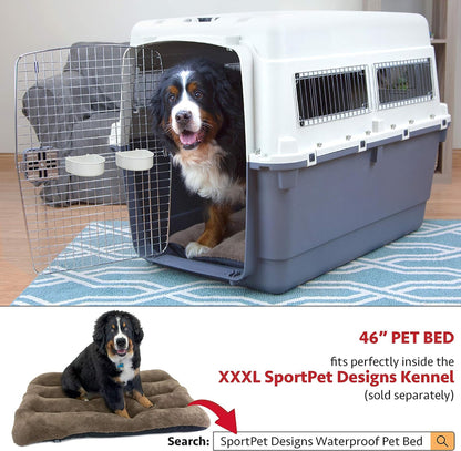 SportPet Designs Plastic Kennels Rolling Plastic Airline Approved Wire Door Travel Dog Crate, XXX-Large, Gray