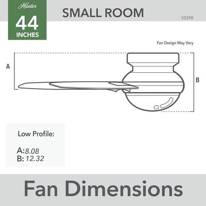 Hunter Fan Company Dempsey Low Profile Indoor / Outdoor Ceiling Fan with LED Light and Remote Control, 44", Matte Nickel