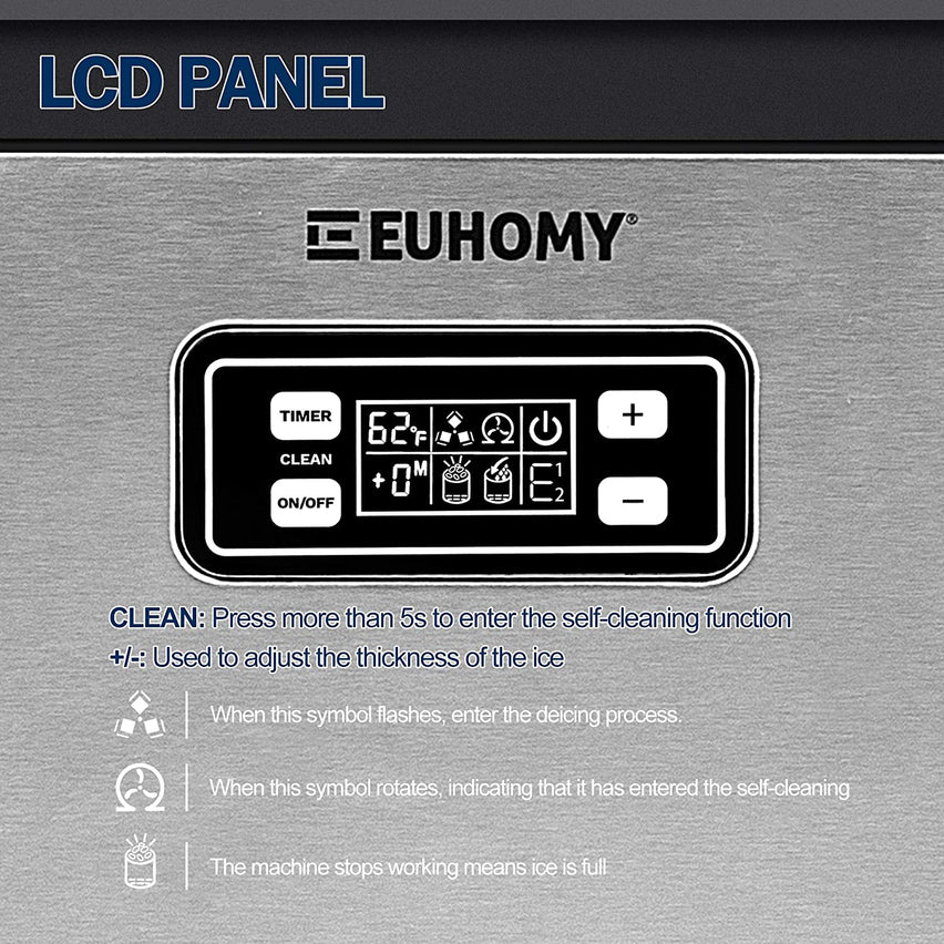 Euhomy Commercial Ice Machine, 2 Way Water Supply 100lbs/24H Stainless Steel Under Counter ice Machine with 33lbs Capacity
