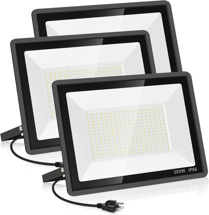 3 Pack 200W LED Flood Light,Super Bright Exterior Security Lights With Plug,IP66 Waterproof Outdoor Flood Light, 22800lm 5000K Daylight White Floodlight for Yard, Garden,Basketball Court, Arena