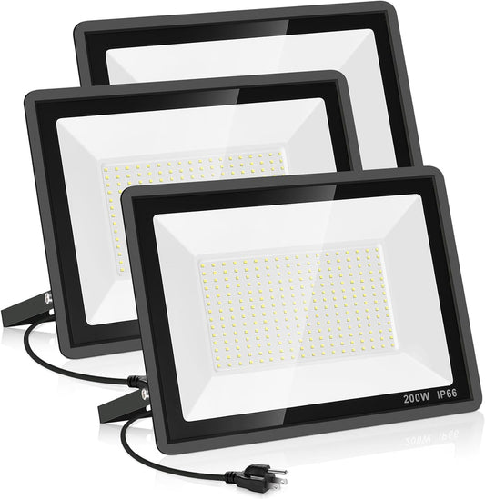 3 Pack 200W LED Flood Light,Super Bright Exterior Security Lights With Plug,IP66 Waterproof Outdoor Flood Light, 22800lm 5000K Daylight White Floodlight for Yard, Garden,Basketball Court, Arena