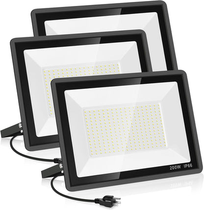 3 Pack 200W LED Flood Light,Super Bright Exterior Security Lights With Plug,IP66 Waterproof Outdoor Flood Light, 22800lm 5000K Daylight White Floodlight for Yard, Garden,Basketball Court, Arena