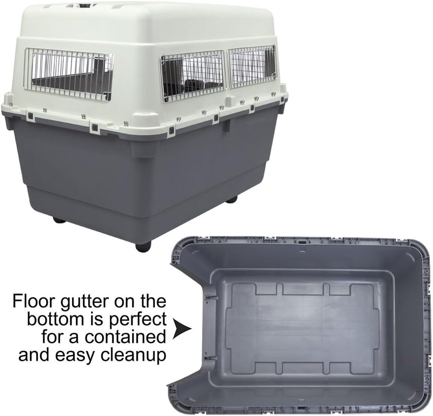 SportPet Designs Plastic Kennels Rolling Plastic Airline Approved Wire Door Travel Dog Crate, XXX-Large, Gray