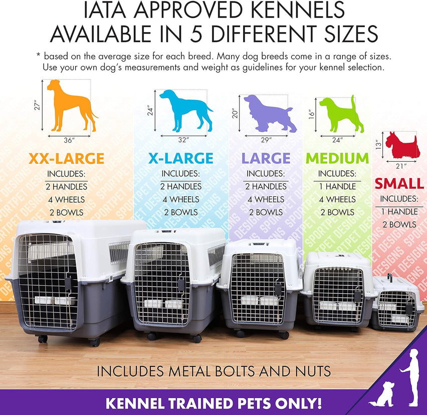 SportPet Designs Plastic Kennels Rolling Plastic Airline Approved Wire Door Travel Dog Crate, XXX-Large, Gray
