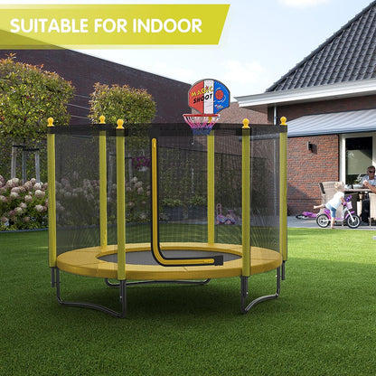 60" Kids Trampoline with Safety Enclosure Net, 5FT Toddler Indoor & Outdoor Trampoline/w Basketball Hoop - Parent-Child Interactive Game Fitness Trampoline Toy Gift for Boys and Girls Age 1-8