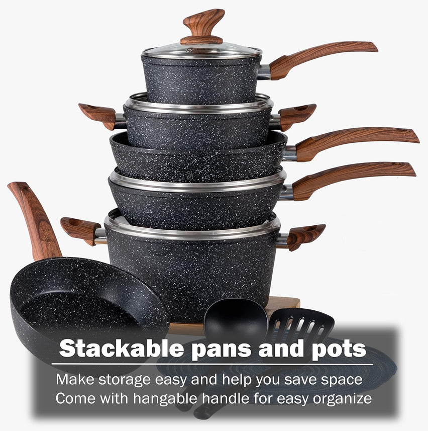 Kitchen Academy Induction Cookware Sets - 12 Piece Green Cooking Pan Set, Granite Nonstick Pots and Pans Set