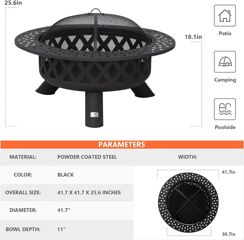 SUNCREAT 42” Patio Fire Pit Wood Burning with Mesh Spark Screen, Bonfire Outdoor firepit with Fireplace Poker, Black