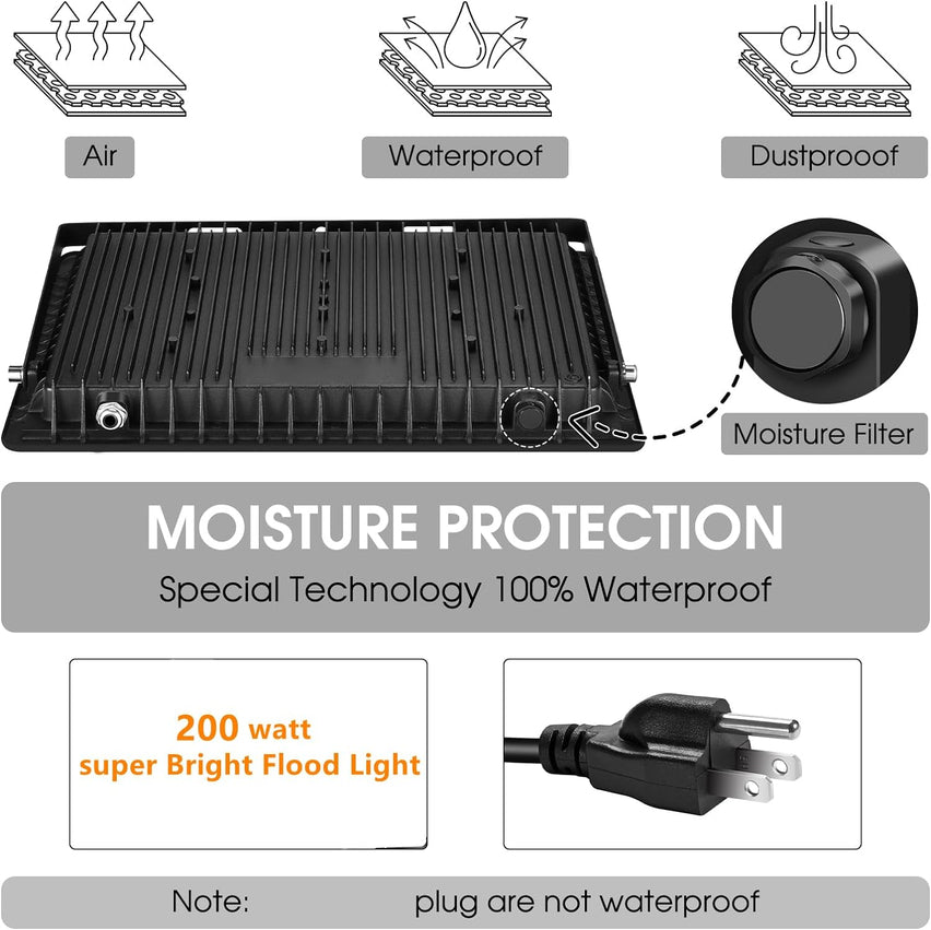 3 Pack 200W LED Flood Light,Super Bright Exterior Security Lights With Plug,IP66 Waterproof Outdoor Flood Light, 22800lm 5000K Daylight White Floodlight for Yard, Garden,Basketball Court, Arena