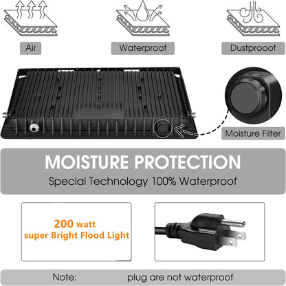 3 Pack 200W LED Flood Light,Super Bright Exterior Security Lights With Plug,IP66 Waterproof Outdoor Flood Light, 22800lm 5000K Daylight White Floodlight for Yard, Garden,Basketball Court, Arena