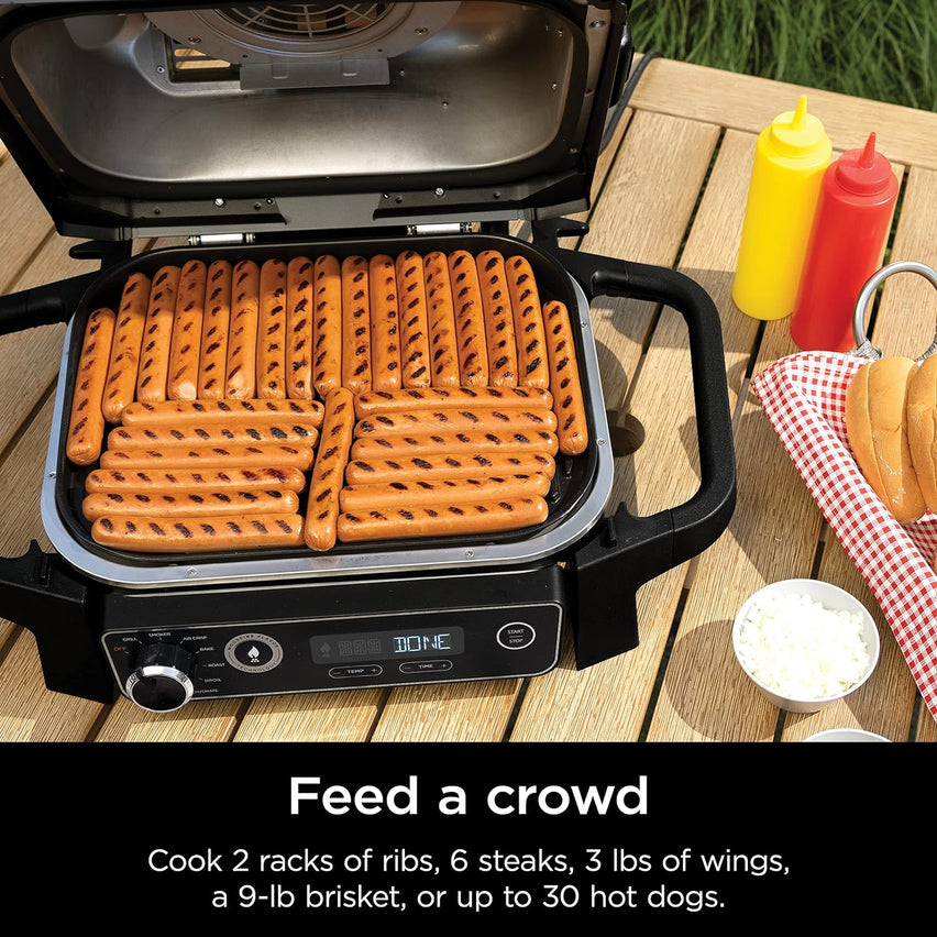 7-in-1 Grill & Smoker with Thermometer, Air Fryer, BBQ, Bake, Roast, Broil - Portable Electric Outdoor Grill, Grey