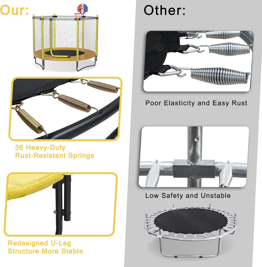 60" Kids Trampoline with Safety Enclosure Net, 5FT Toddler Indoor & Outdoor Trampoline/w Basketball Hoop - Parent-Child Interactive Game Fitness Trampoline Toy Gift for Boys and Girls Age 1-8