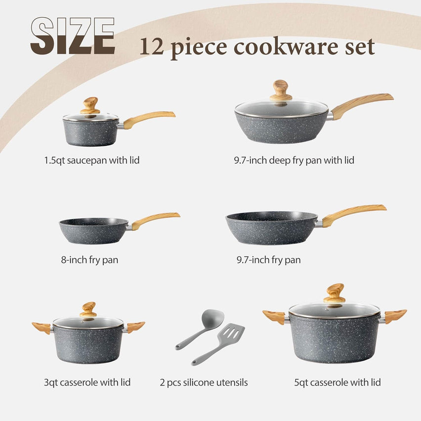 Kitchen Academy Induction Cookware Sets - 12 Piece Green Cooking Pan Set, Granite Nonstick Pots and Pans Set