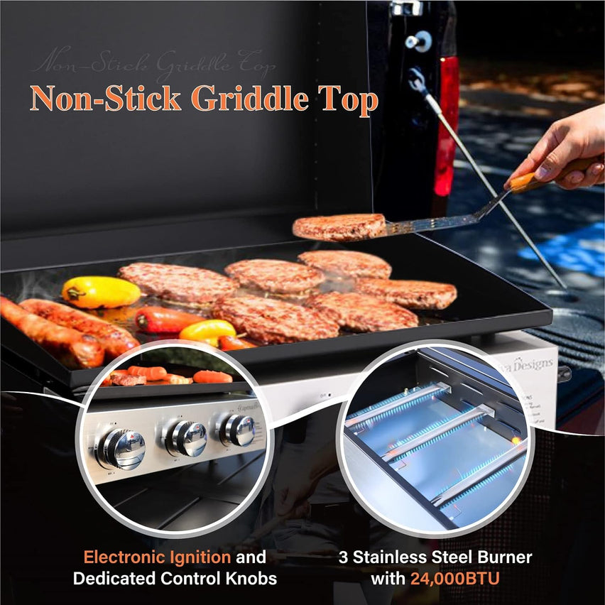 Burner Gas grill with side burner and enameled cast iron grille 42,000BTU outdoor cooking stainless steel propane grill Garden grill, silver