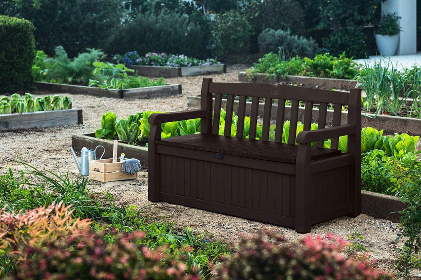 Keter Solana 70 Gallon Storage Bench Deck Box for Patio Furniture, Front Porch Decor and Outdoor Seating – Perfect to Store Garden Tools and Pool Toys, Brown