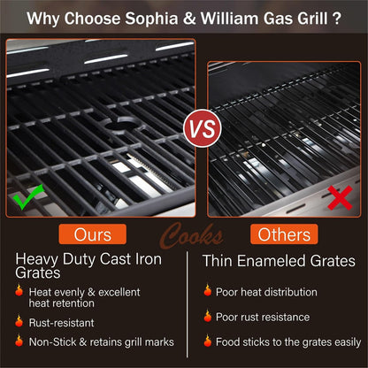 Burner Gas grill with side burner and enameled cast iron grille 42,000BTU outdoor cooking stainless steel propane grill Garden grill, silver