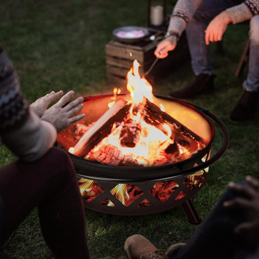 SUNCREAT 42” Patio Fire Pit Wood Burning with Mesh Spark Screen, Bonfire Outdoor firepit with Fireplace Poker, Black