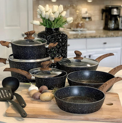 Kitchen Academy Induction Cookware Sets - 12 Piece Green Cooking Pan Set, Granite Nonstick Pots and Pans Set